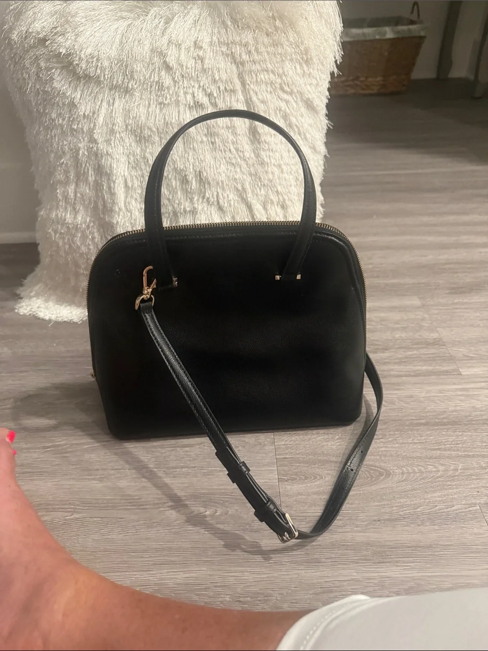Kate Spade Black Leather Dome Satchel with Gold Hardware and Crossbody Strap